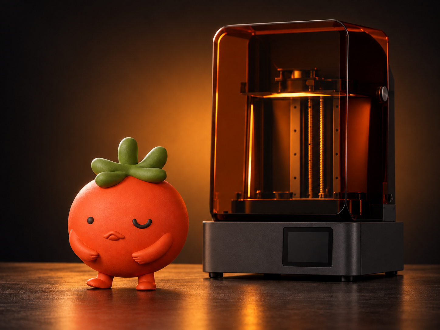 Qpocket tomato character beside an unbranded 3D printer — AI concept visual